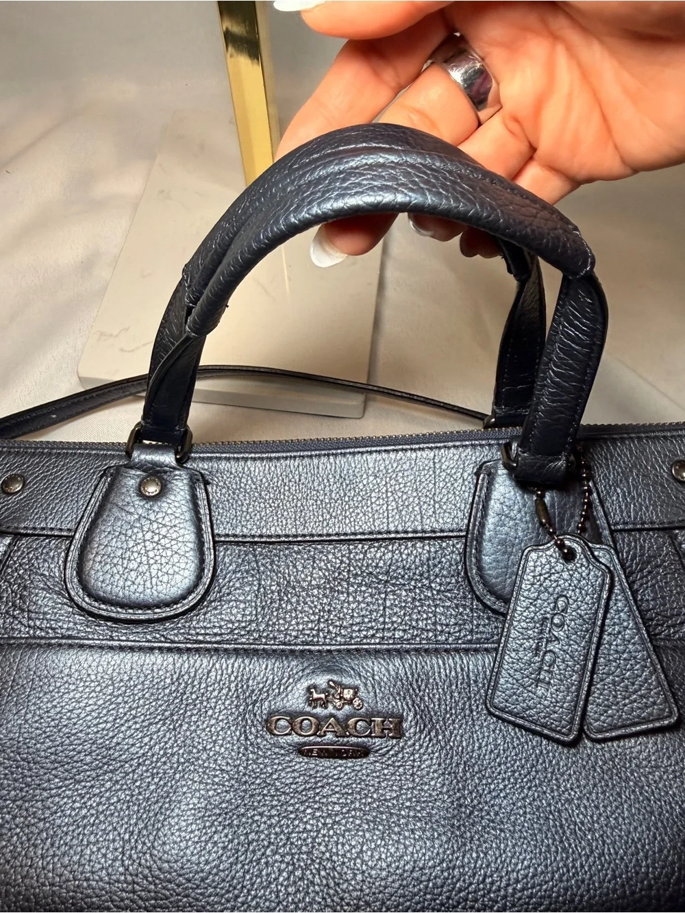 Coach Mickie Metallic Blue Pebbled Leather Tote with Removable Strap